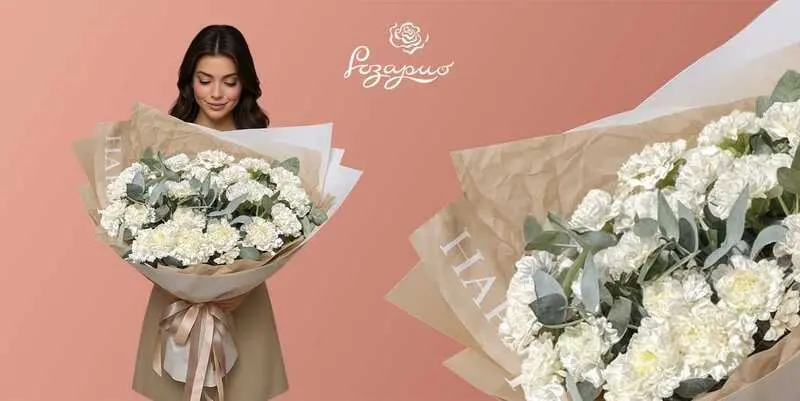 Огромный букет белых гвоздик, фронтальный вид, в руках у девушки